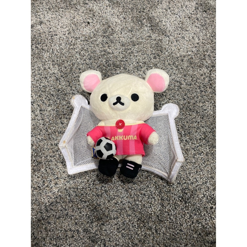 San-X Korilakkuma Soccer Plush 7 Inch White Bear Pink Jersey Goal Net